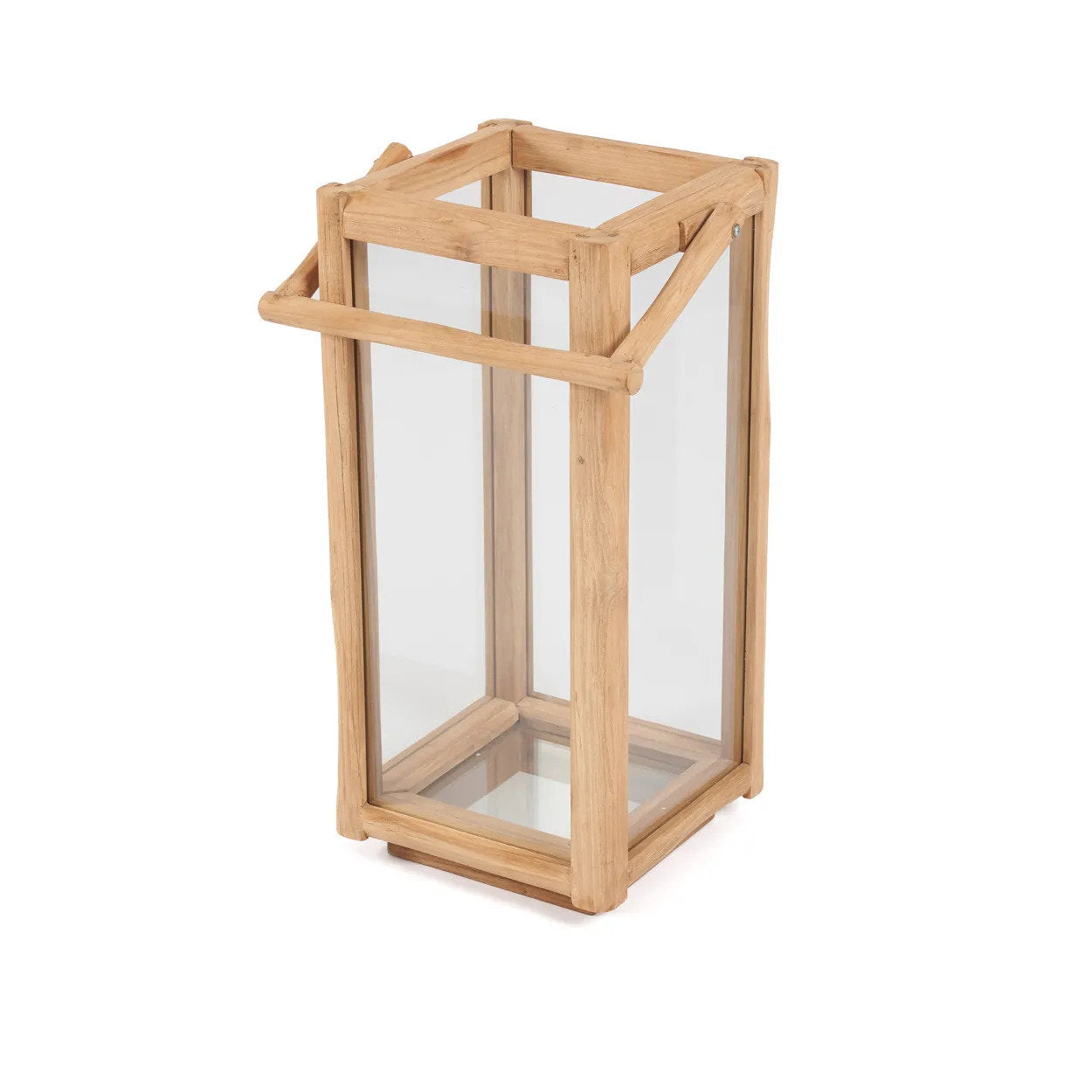 Lanterne rectangulaire en bois de teck recyclé avec poignée – H60 cm