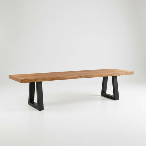 Banc en teck recyclé pieds en métal noir rectangulaire – 220x100 cm