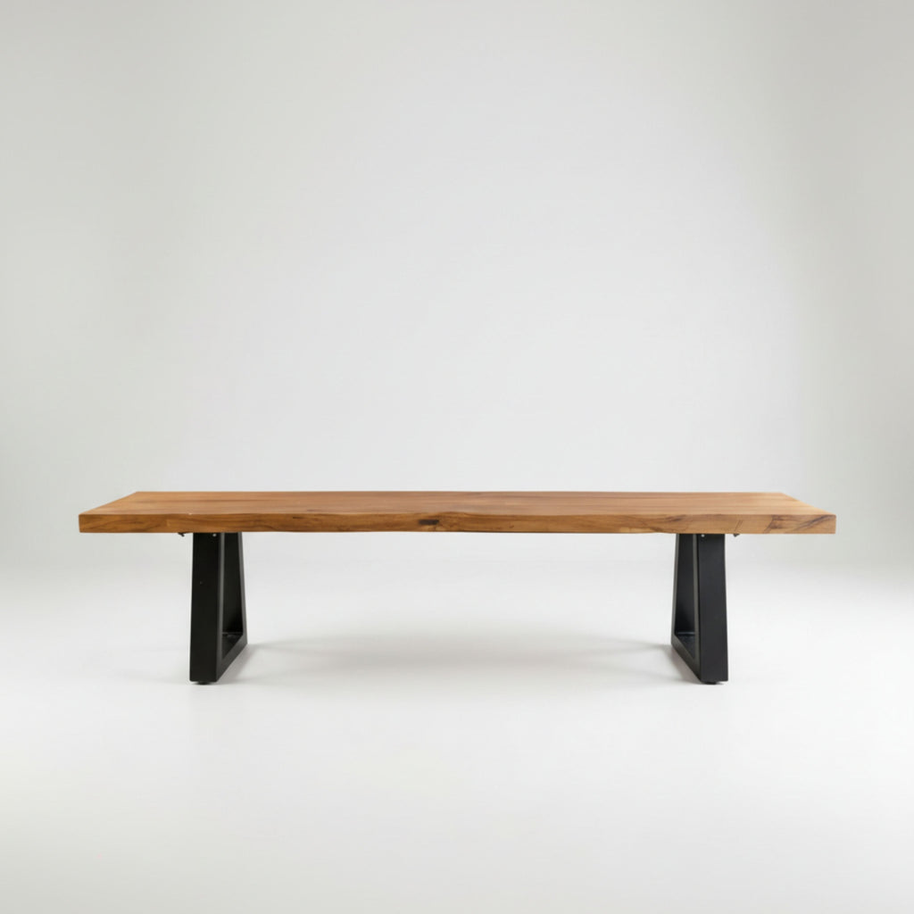 Banc en teck recyclé pieds en métal noir rectangulaire – 280x110 cm