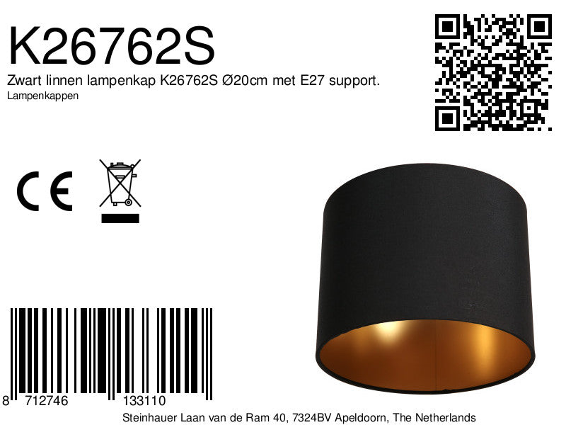 Abat-jour cylindrique en lin noir intérieur doré E27 – Ø20 cm
