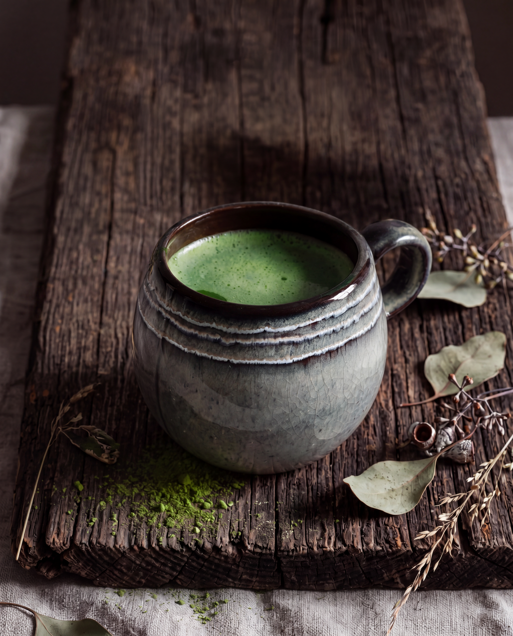 Mug artisanal en grès émaillé vert sauge intérieur brun