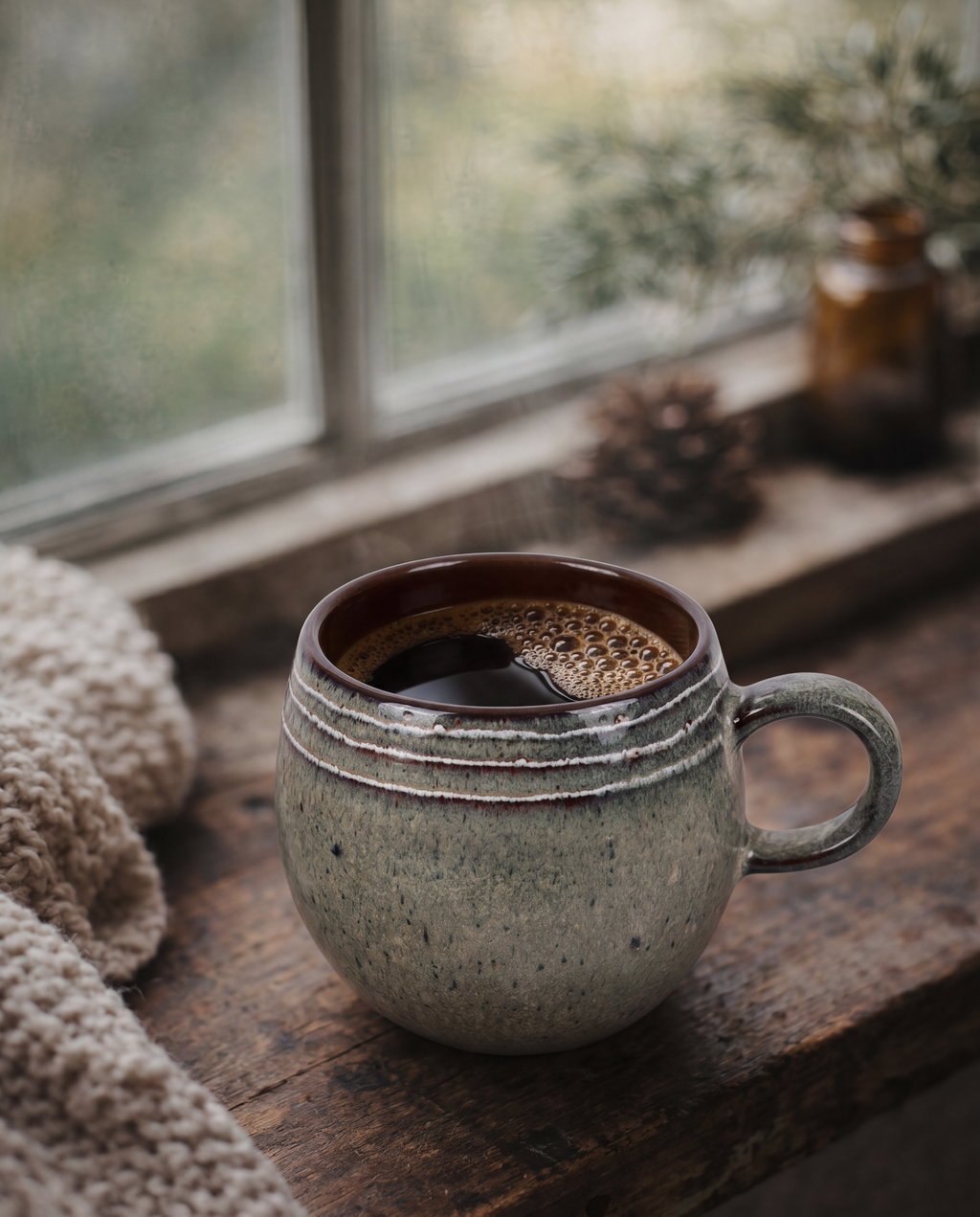 Mug en grès artisanal vert sauge moucheté intérieur brun