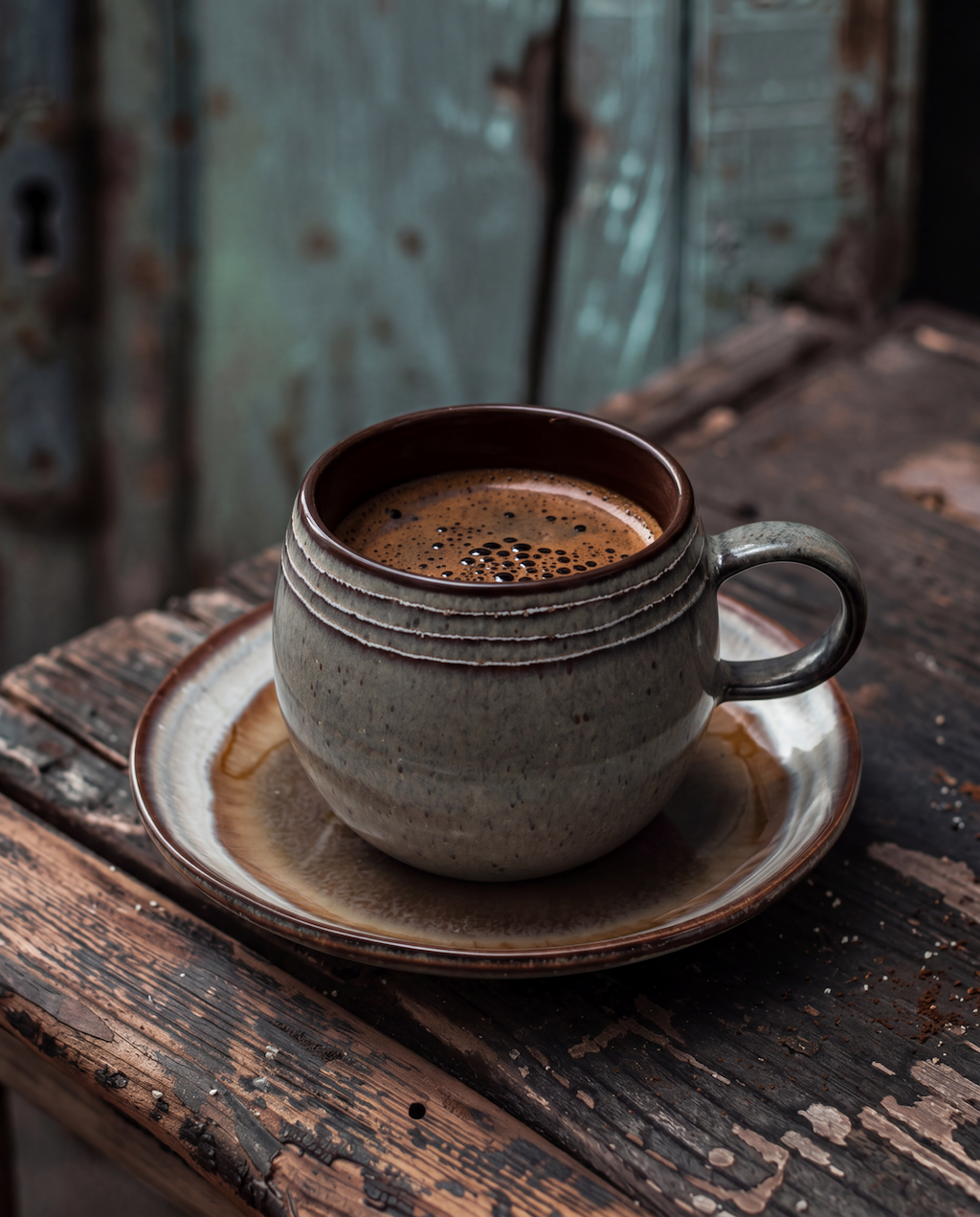 Mug en grès artisanal vert sauge moucheté intérieur brun