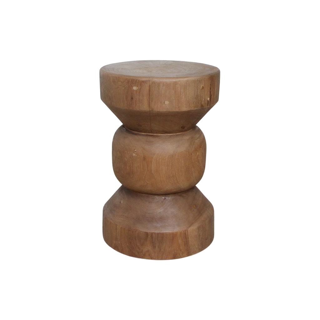 Tabouret en teck massif forme totem finition bois naturel – H45 cm