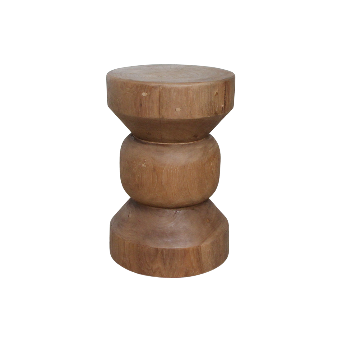 Tabouret en teck massif forme totem finition bois naturel – H45 cm
