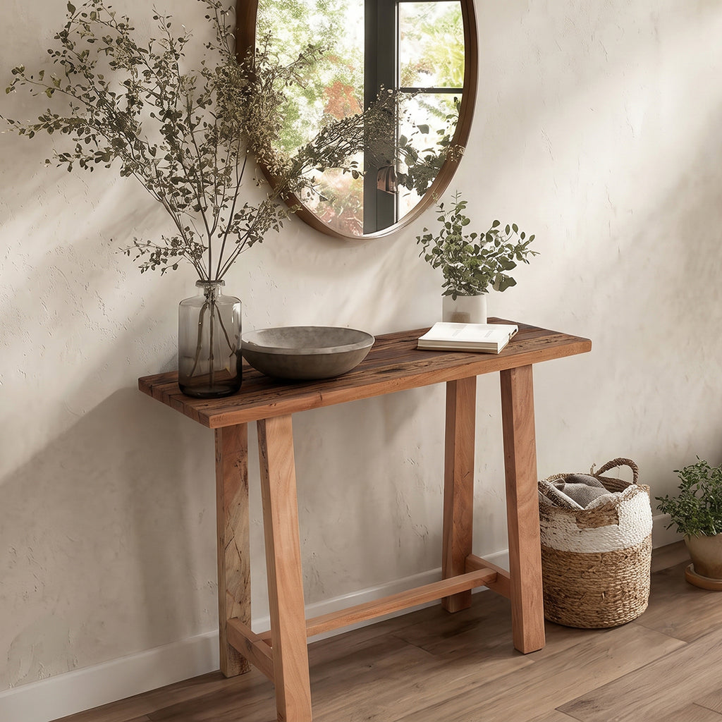 Table d’appoint en bois recyclé forme organique brun naturel – 85x43 cm