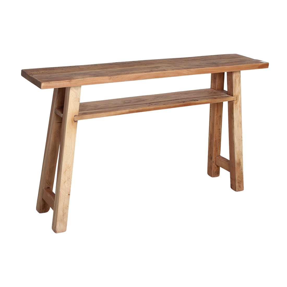Console en bois recyclé clair avec étagère – 140x30 cm