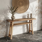 Console en bois recyclé clair avec étagère – 140x30 cm