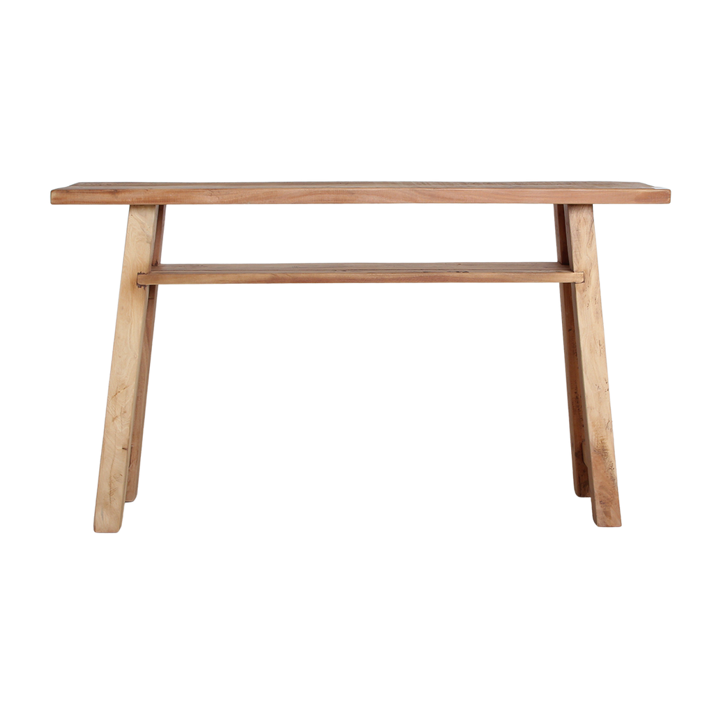 Console en bois recyclé clair avec étagère – 140x30 cm