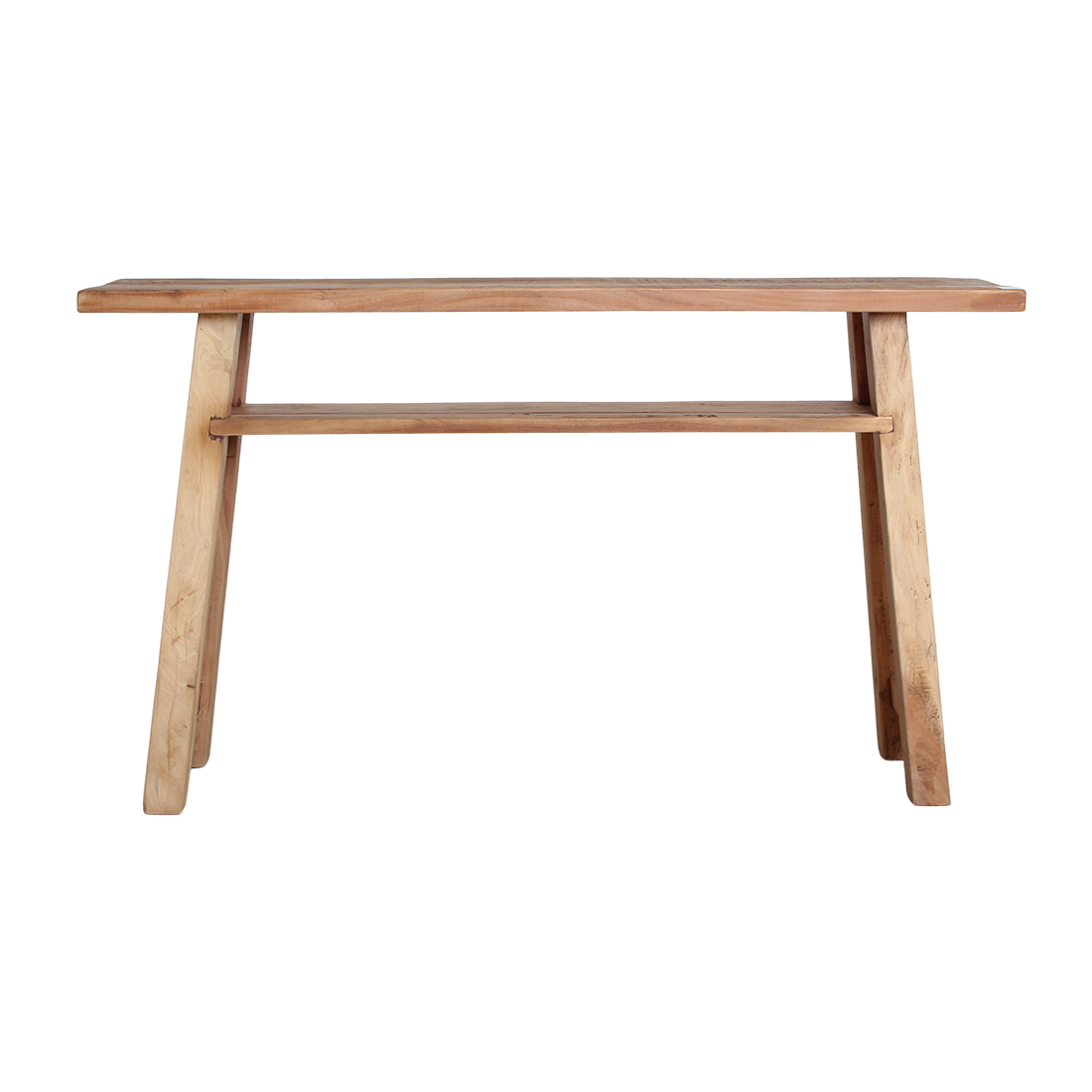 Console en bois recyclé clair avec étagère – 140x30 cm