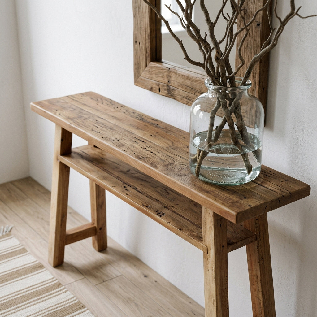 Console en bois recyclé clair avec étagère – 140x30 cm