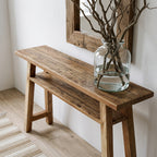 Console en bois recyclé clair avec étagère – 140x30 cm