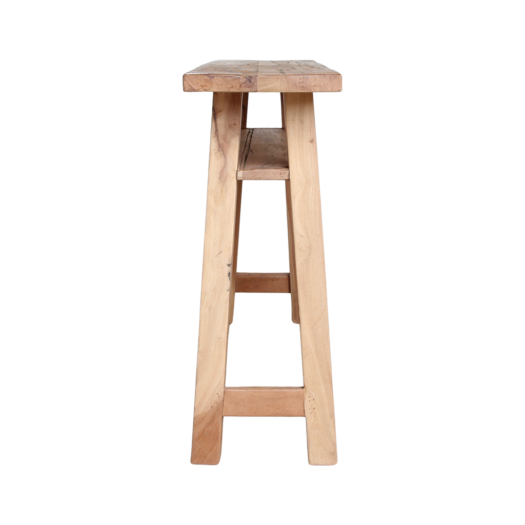 Console en bois recyclé clair avec étagère – 140x30 cm