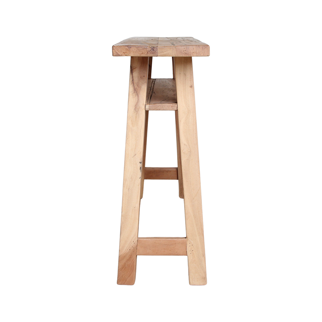 Console en bois recyclé clair avec étagère – 140x30 cm