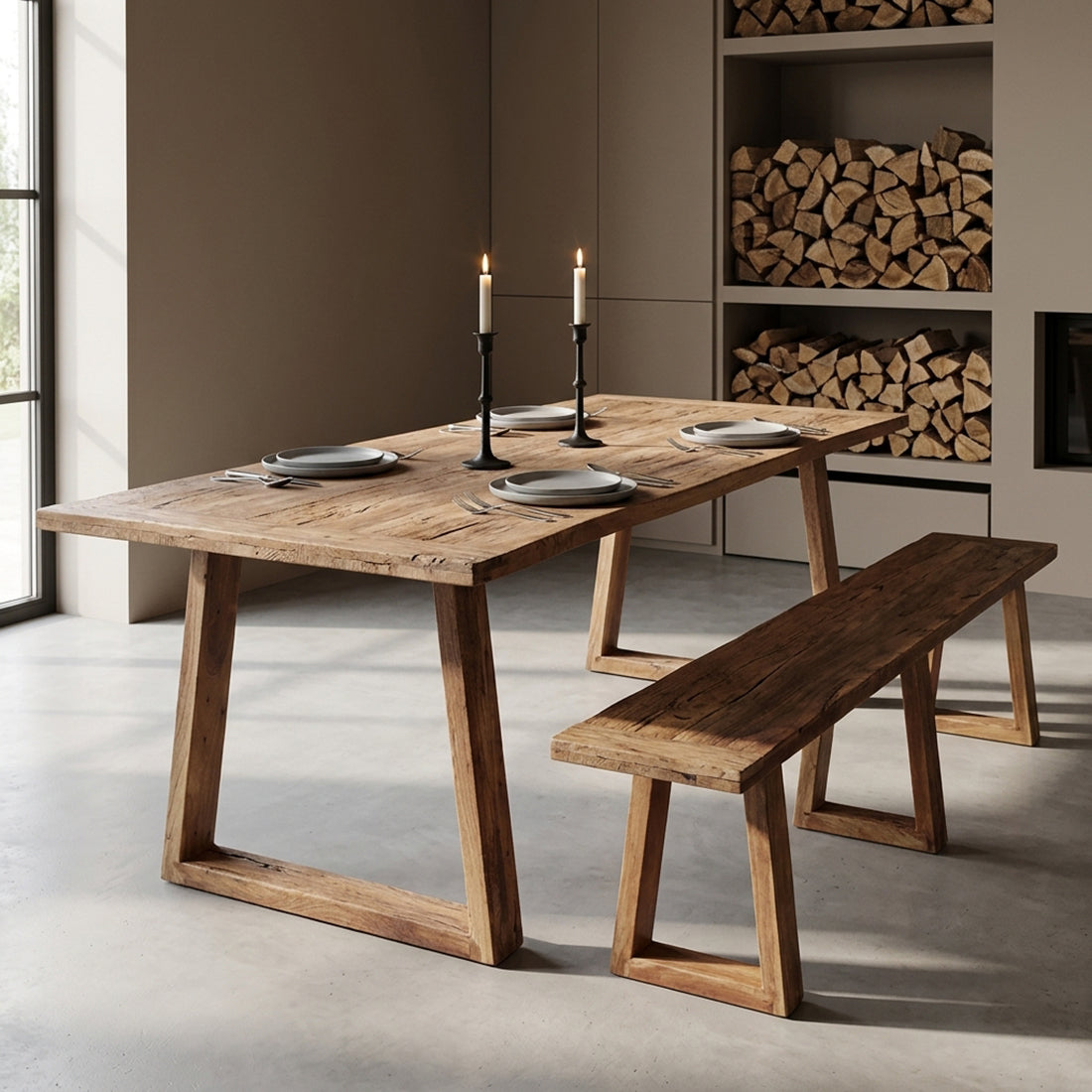Table à manger en teck recyclé avec pieds trapézoïdaux – 240x90 cm