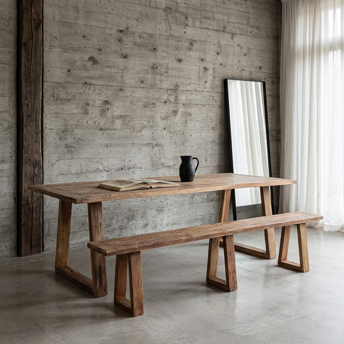 Table à manger en teck recyclé avec pieds trapézoïdaux – 240x90 cm