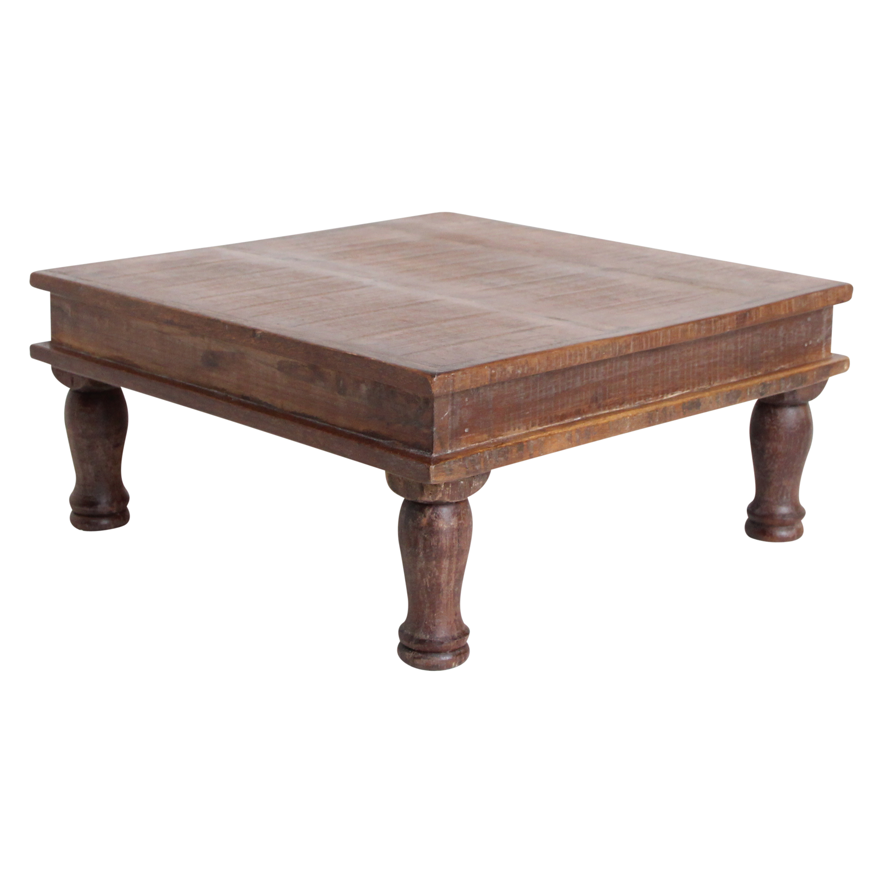 Table basse carrée en bois recyclé brun avec pieds tournés – 33x33 cm