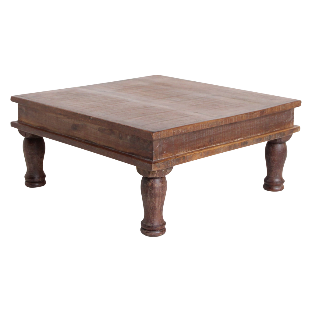Table basse carrée en bois recyclé brun avec pieds tournés – 33x33 cm