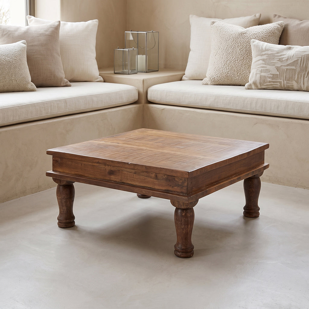 Table basse carrée en bois recyclé brun avec pieds tournés – 33x33 cm
