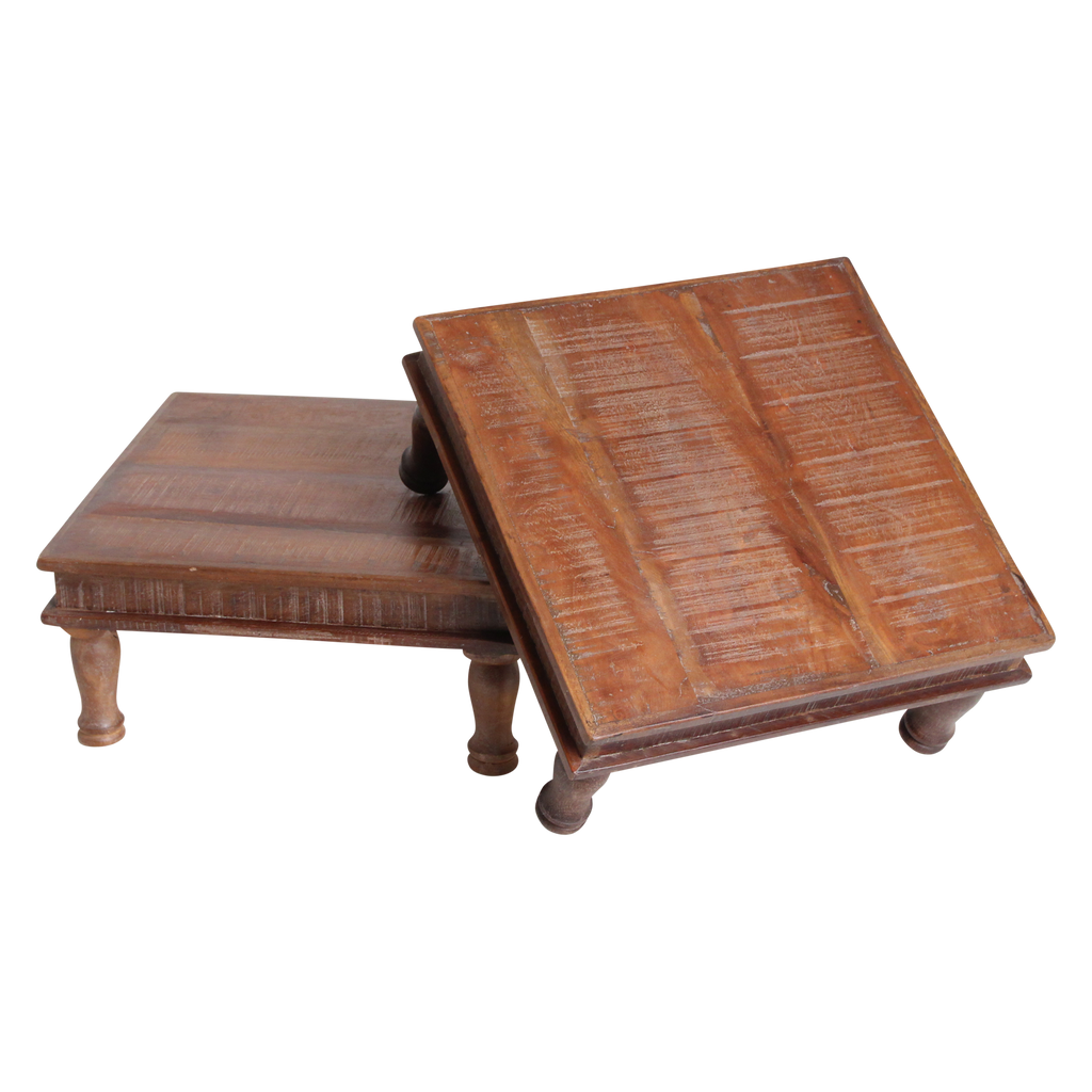 Table basse carrée en bois recyclé brun avec pieds tournés – 33x33 cm