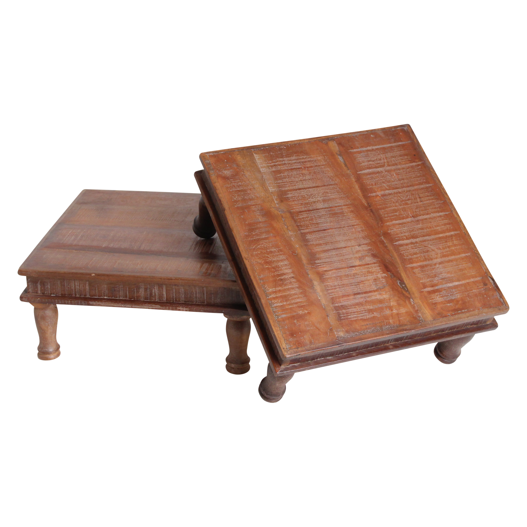 Table basse carrée en bois recyclé brun avec pieds tournés – 33x33 cm