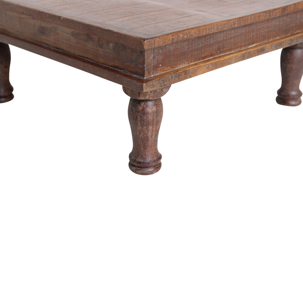 Table basse carrée en bois recyclé brun avec pieds tournés – 33x33 cm