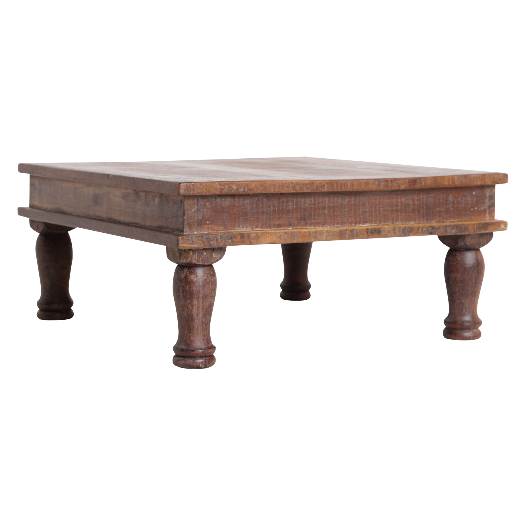 Table basse carrée en bois recyclé brun avec pieds tournés – 33x33 cm