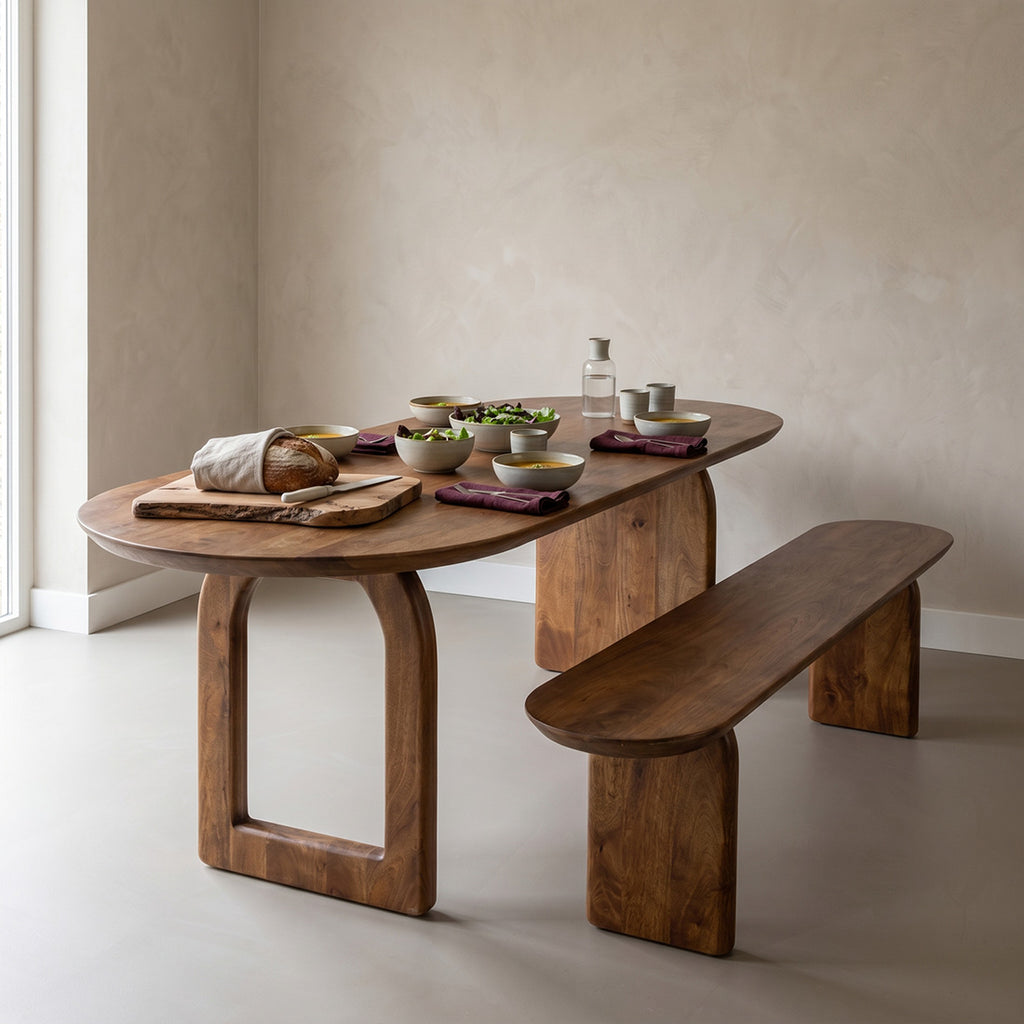 Table à manger en bois de manguier brun plateau arrondi – 240x90 cm