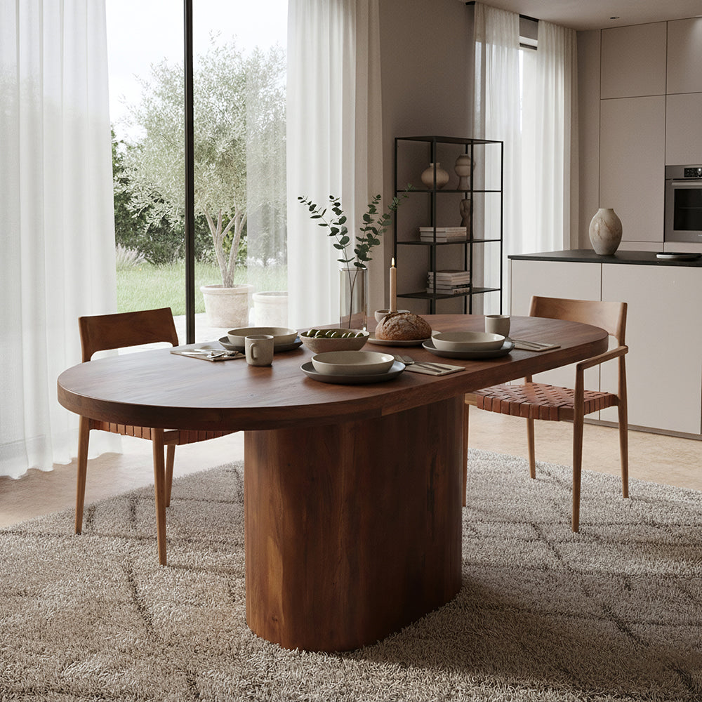 Table à manger ovale en bois de manguier brun avec pied central – 240x110 cm