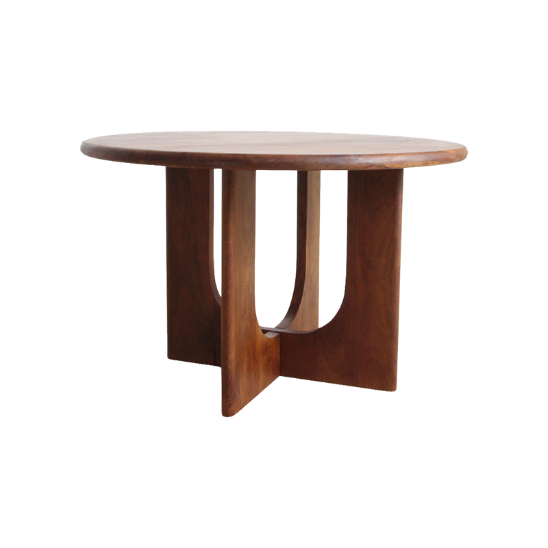 Table ronde en bois massif brun pied sculptural croisé – Ø120 cm