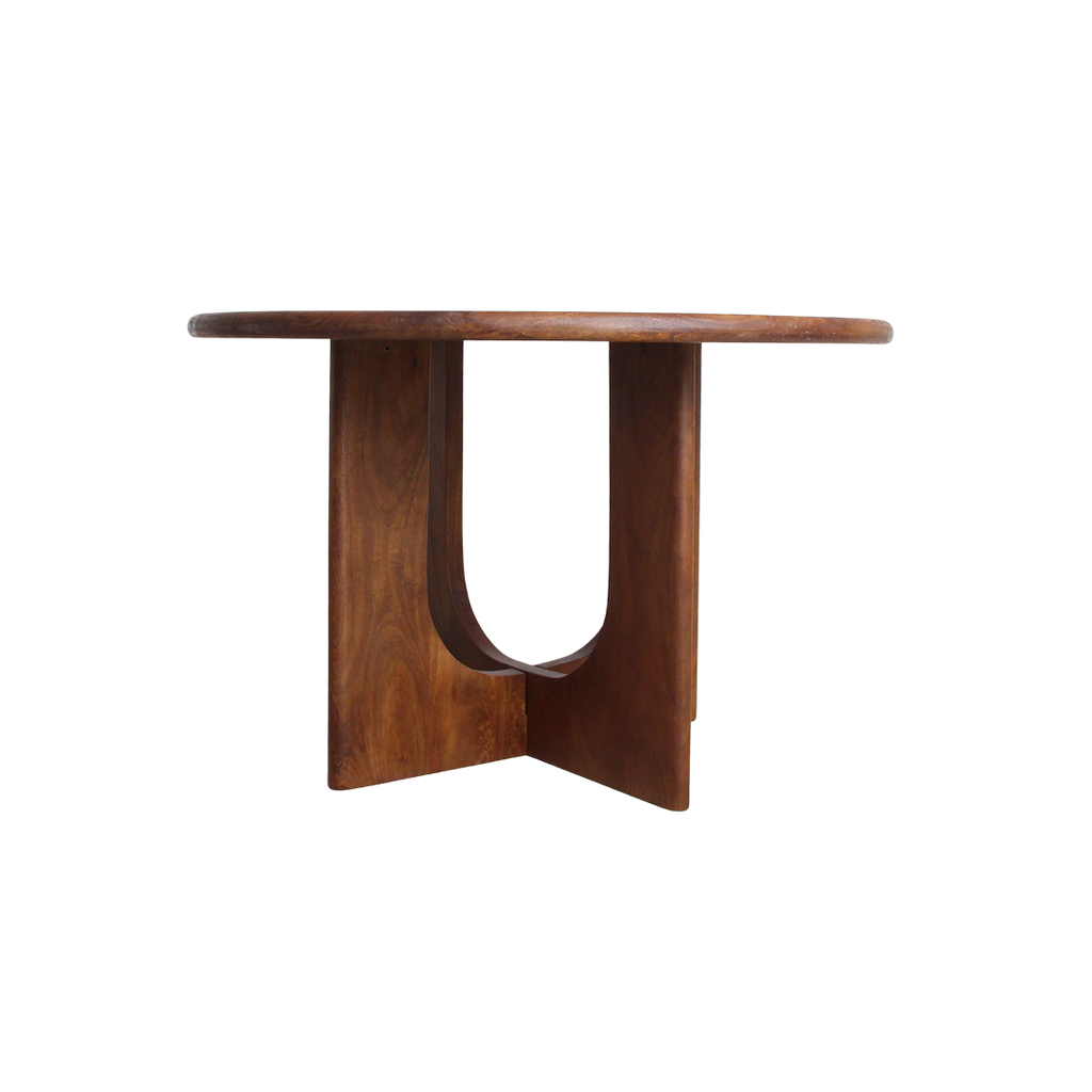 Table ronde en bois massif brun pied sculptural croisé – Ø120 cm