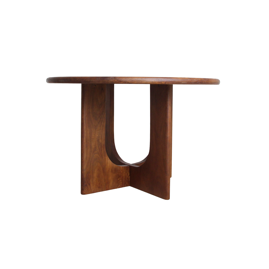 Table ronde en bois massif brun pied sculptural croisé – Ø120 cm