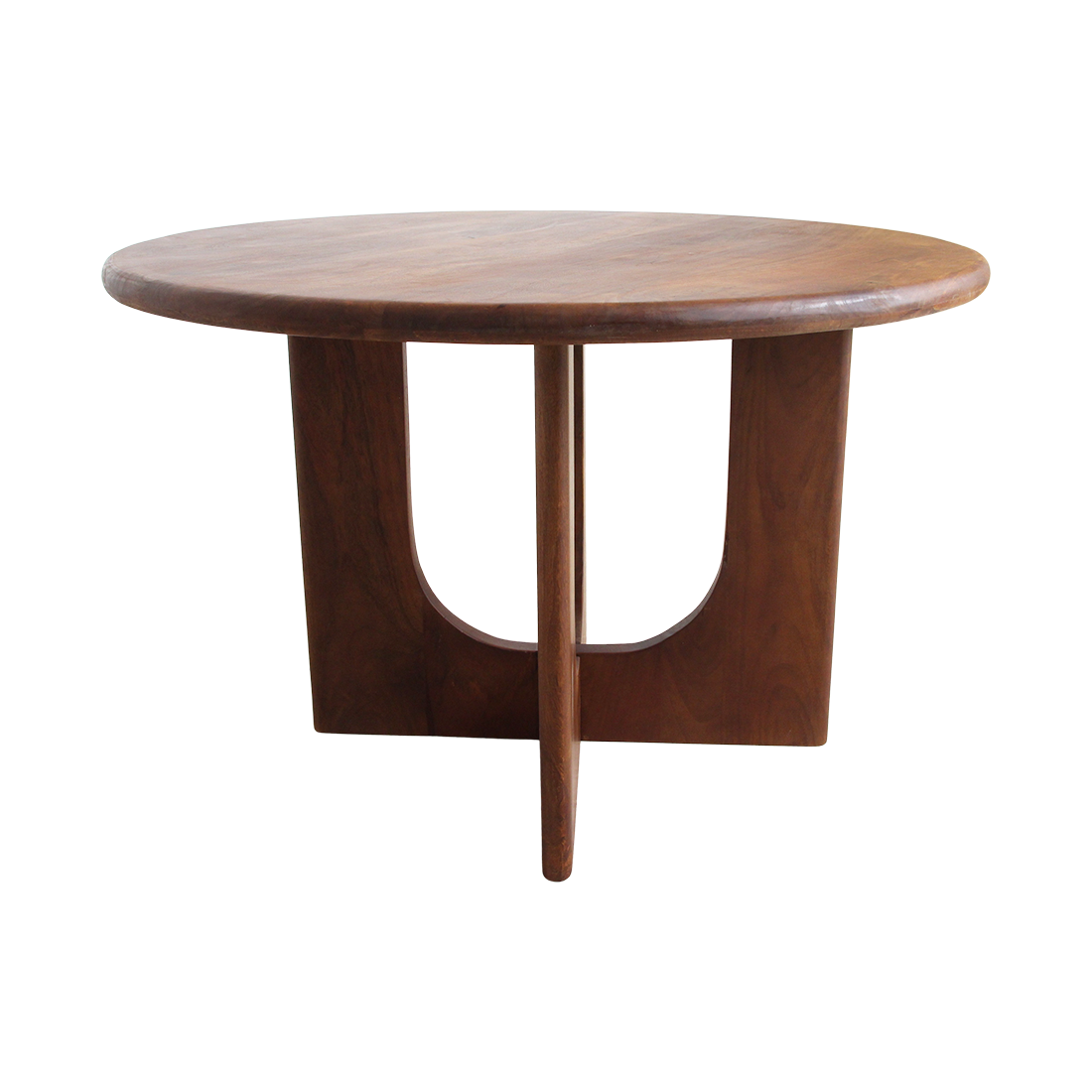 Table ronde en bois massif brun pied sculptural croisé – Ø120 cm