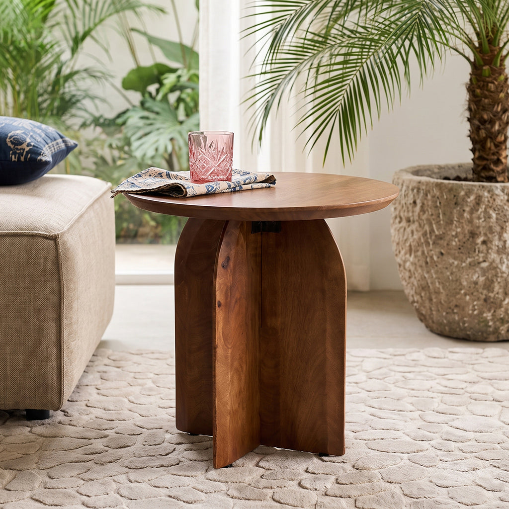 Table d’appoint ronde en manguier brun piètement croisé – Ø50 cm