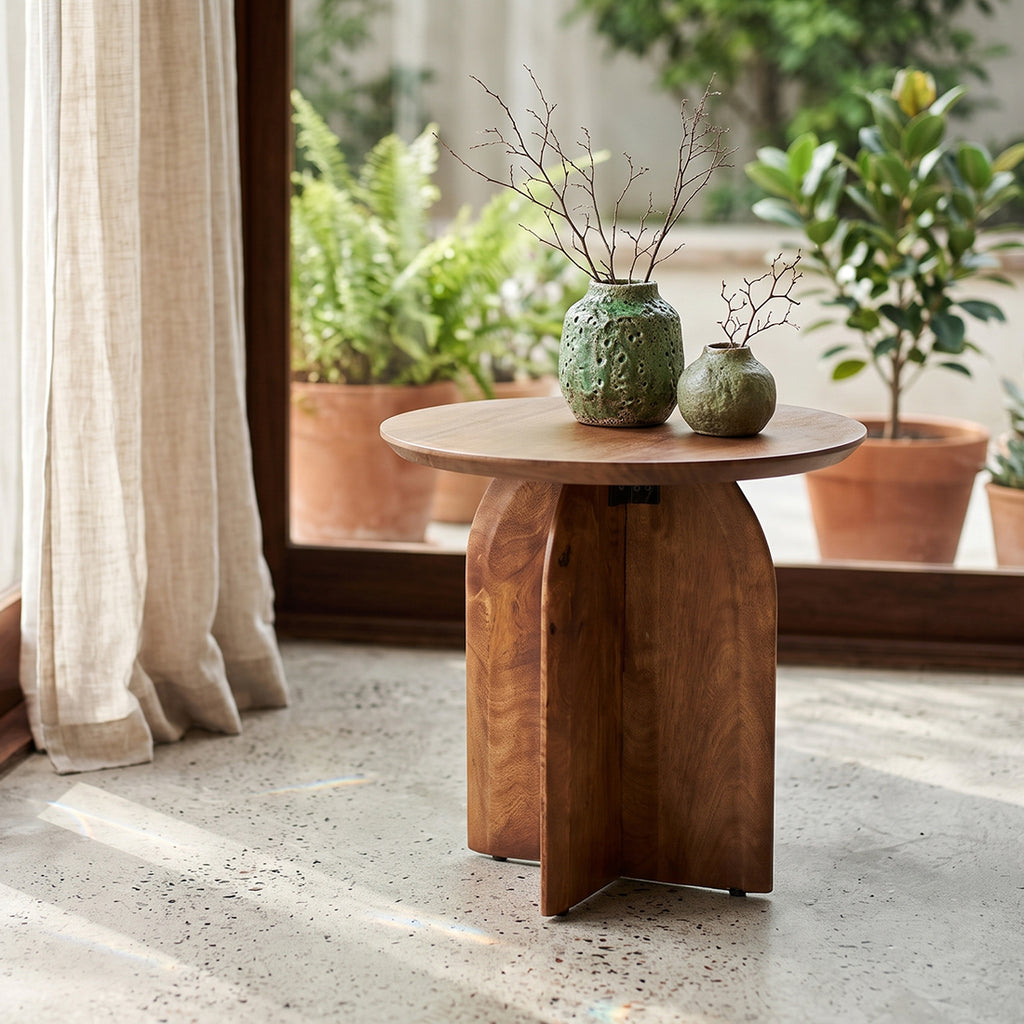 Table d’appoint ronde en manguier brun piètement croisé – Ø50 cm