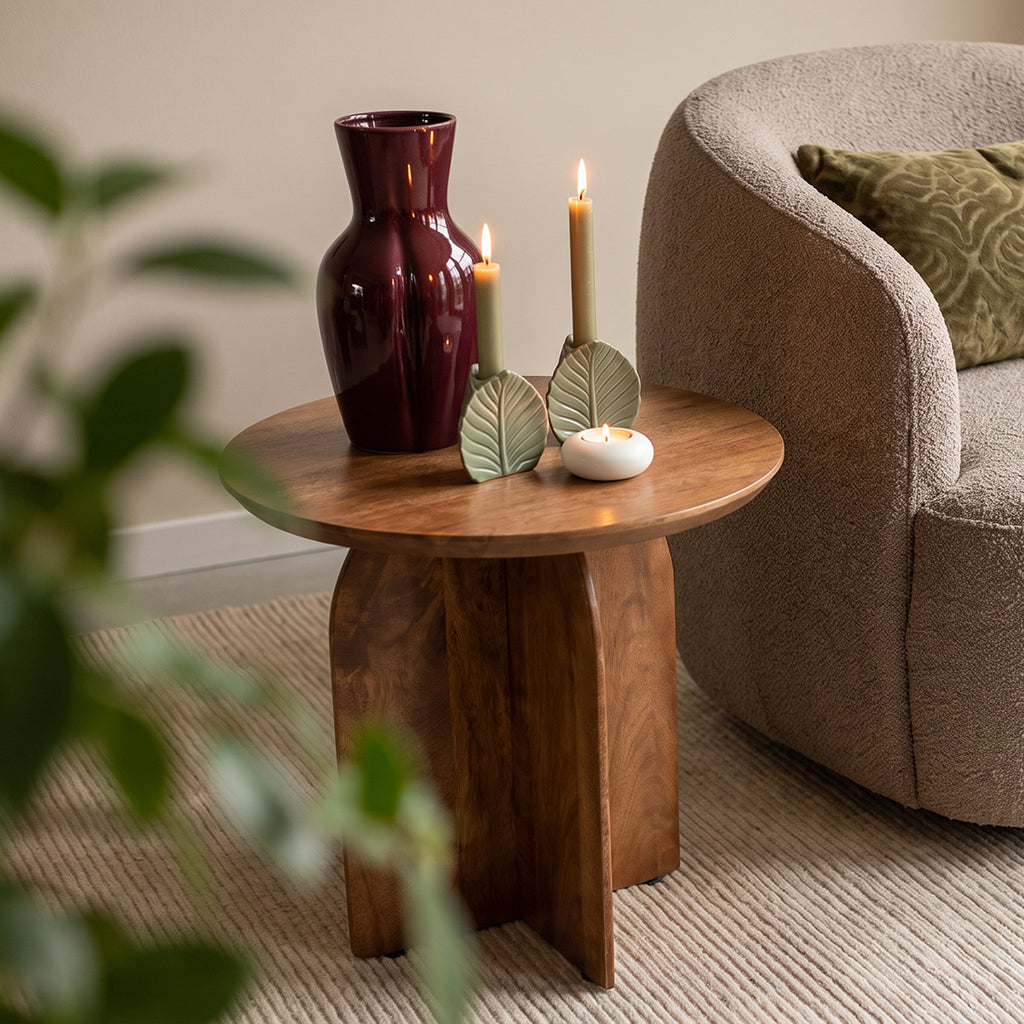 Table d’appoint ronde en manguier brun piètement croisé – Ø50 cm