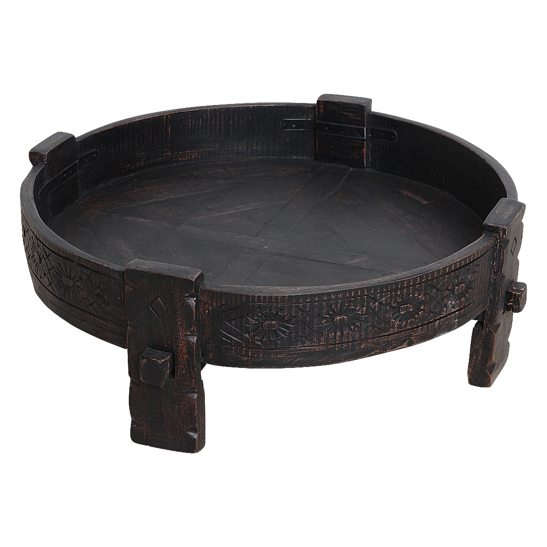 Table basse ronde en bois sculpté noir patiné – Ø73 cm