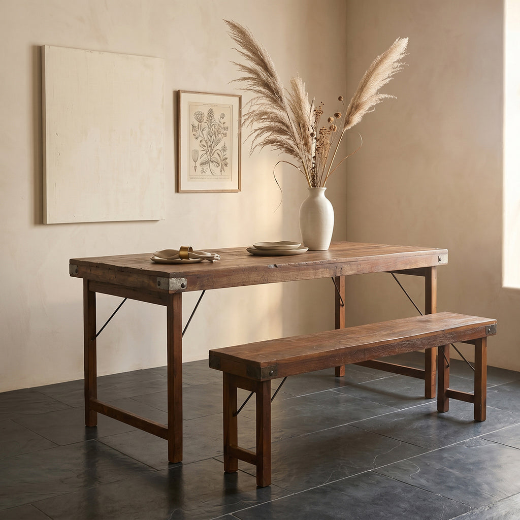 Table à manger en bois recyclé brun et métal vintage – 165x75 cm