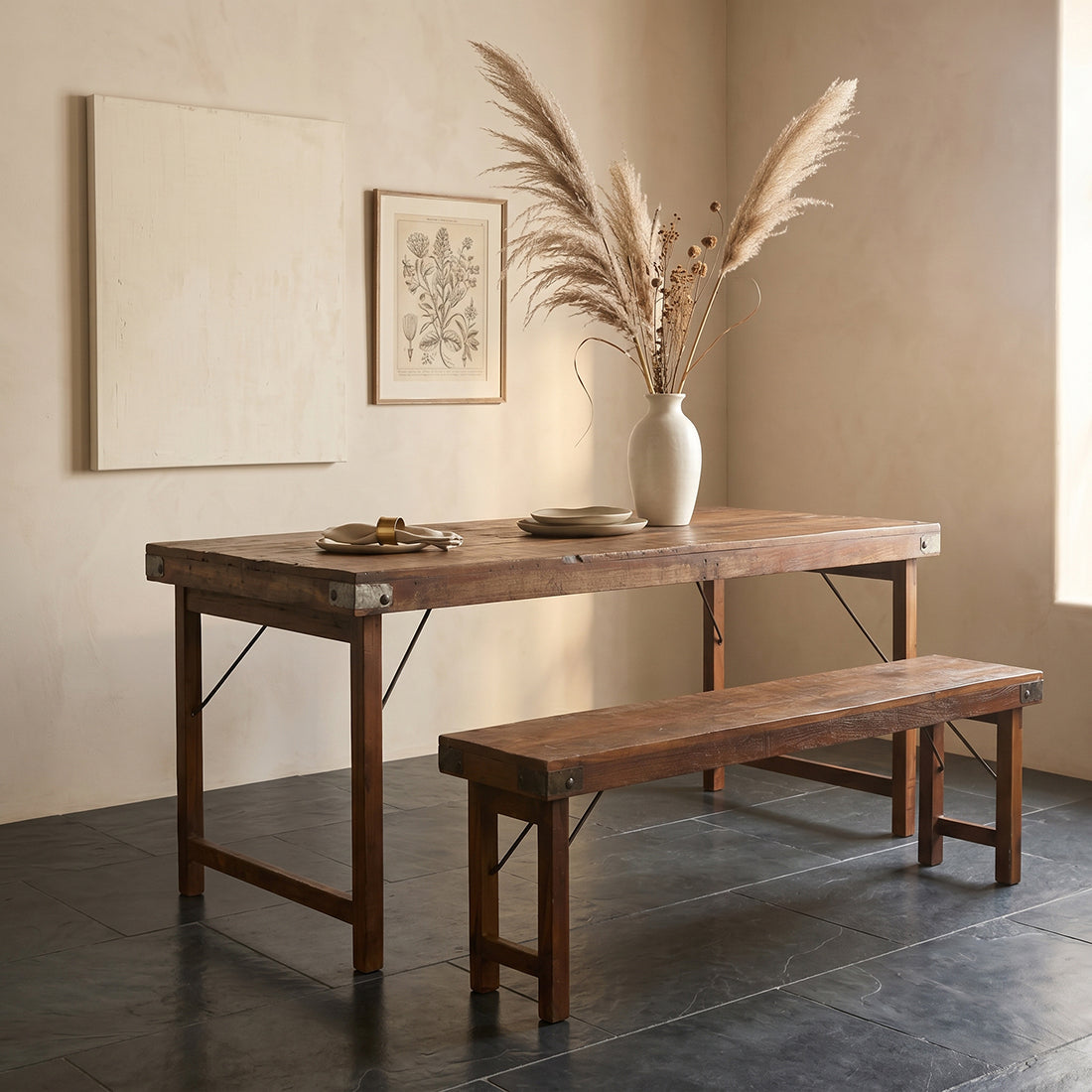 Table à manger en bois recyclé brun et métal vintage – 165x75 cm