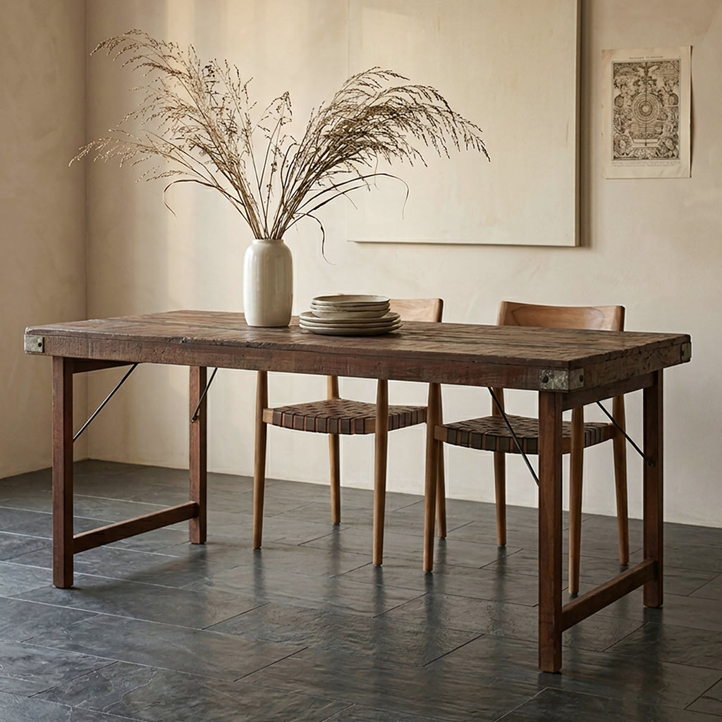 Table à manger en bois recyclé brun et métal vintage – 165x75 cm