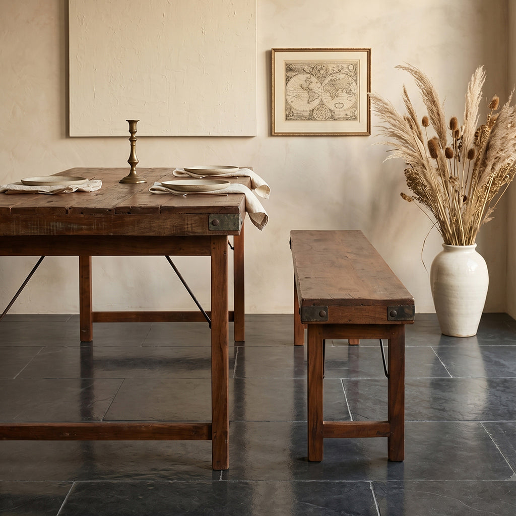 Table à manger en bois recyclé brun et métal vintage – 165x75 cm