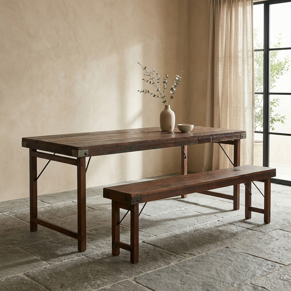 Table pliante en bois recyclé brun avec piètement métal – 190x80 cm