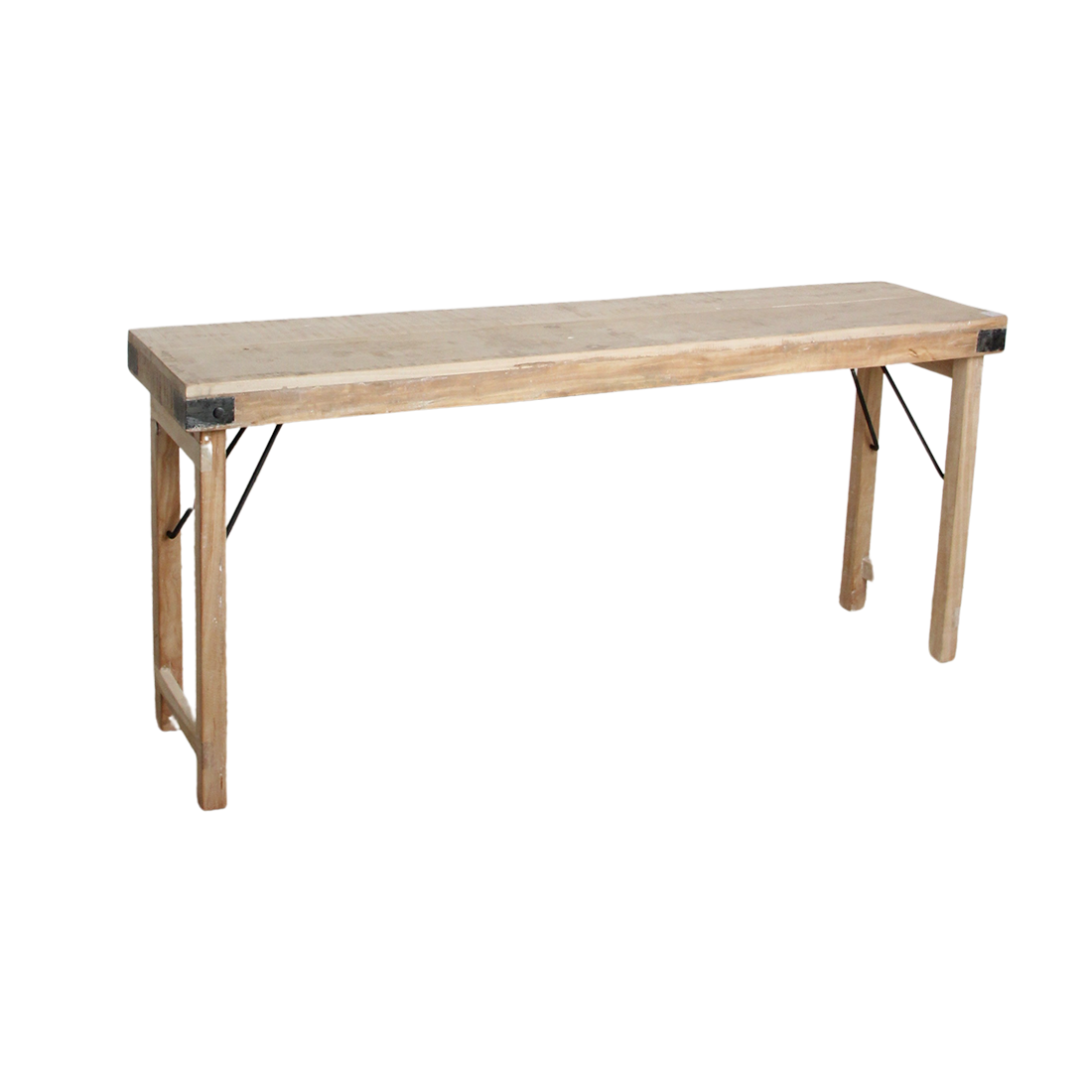 Table console pliante en bois recyclé clair avec ferrures noires – 170x40 cm