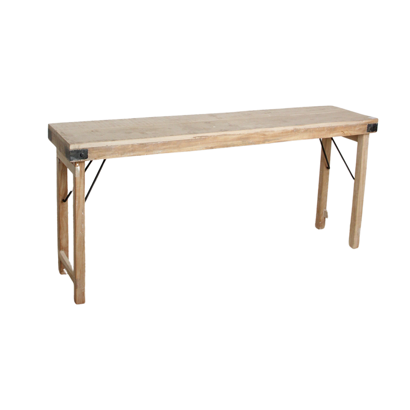 Table console pliante en bois recyclé clair avec ferrures noires – 170x40 cm