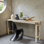 Table console pliante en bois recyclé clair avec ferrures noires – 170x40 cm