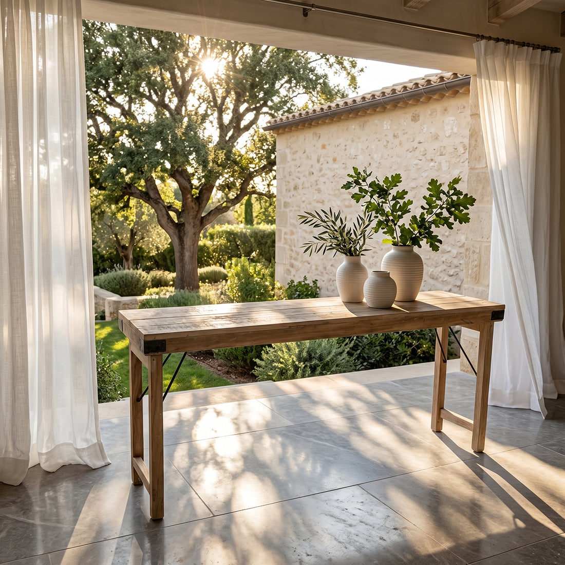 Table console pliante en bois recyclé clair avec ferrures noires – 170x40 cm