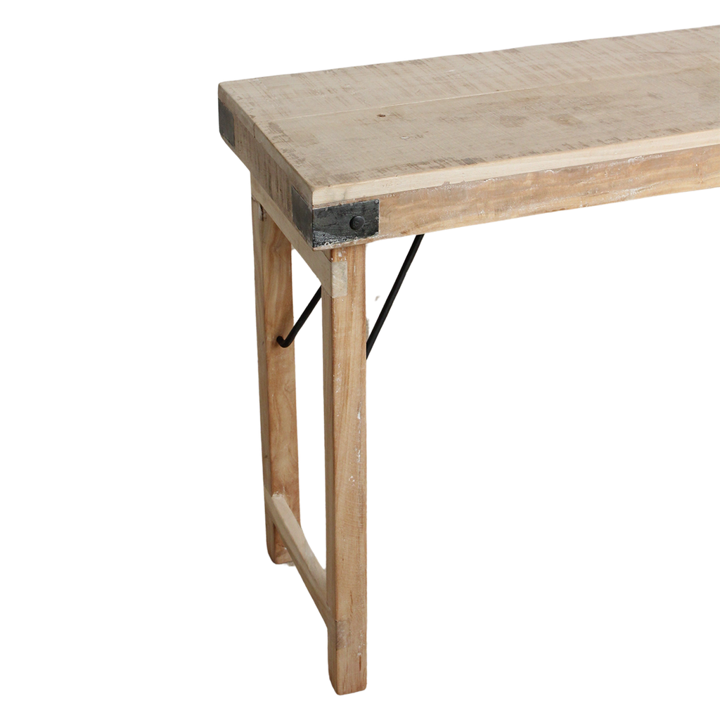 Table console pliante en bois recyclé clair avec ferrures noires – 170x40 cm