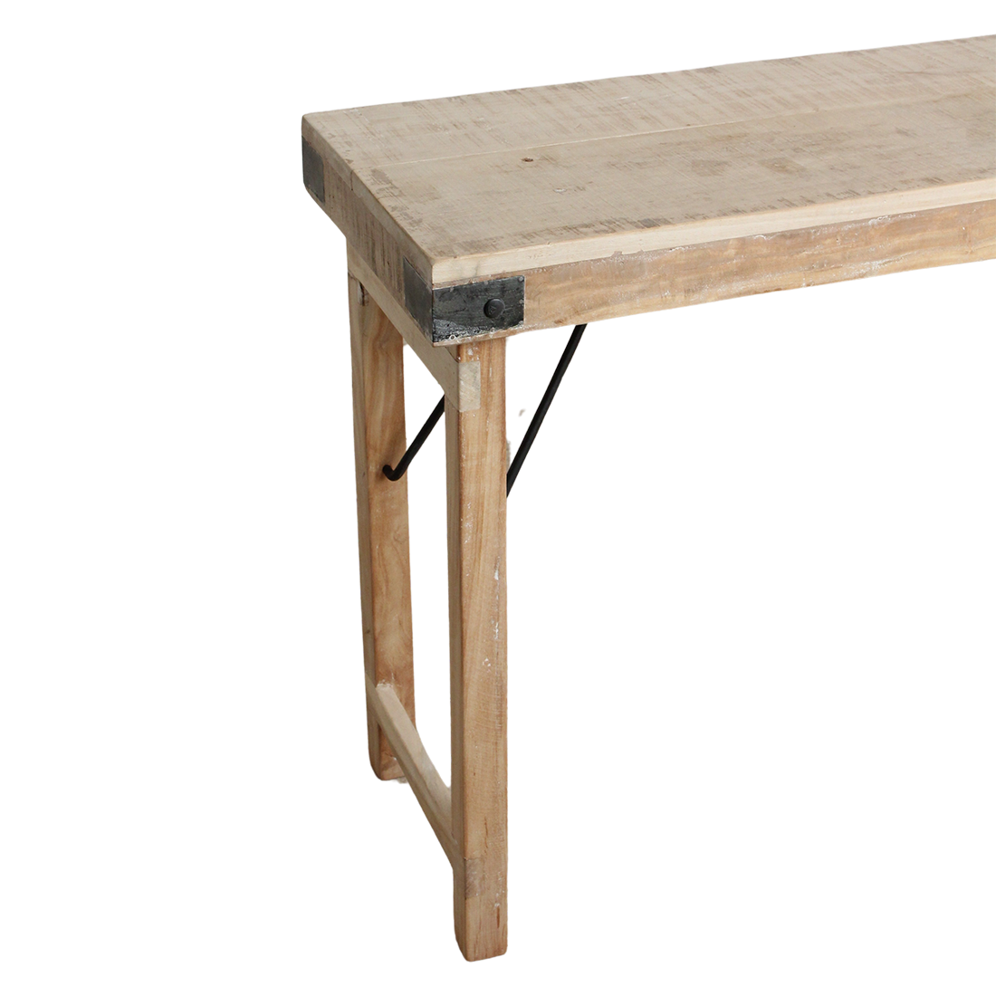 Table console pliante en bois recyclé clair avec ferrures noires – 170x40 cm