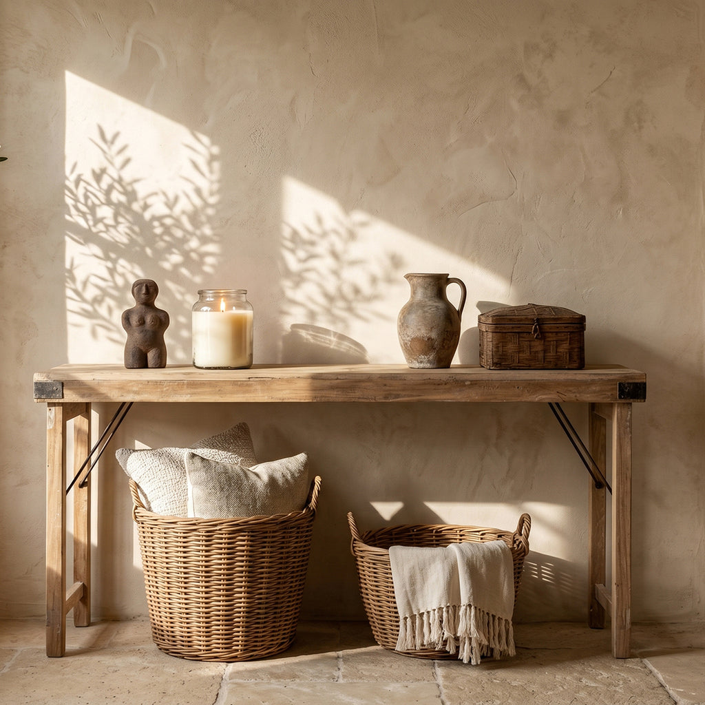 Table console pliante en bois recyclé clair avec ferrures noires – 170x40 cm