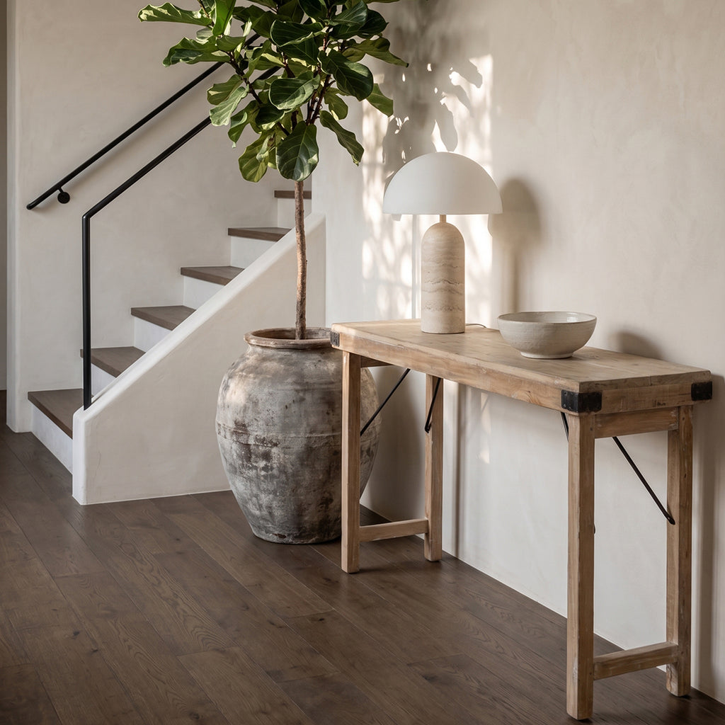 Table console pliante en bois recyclé clair avec ferrures noires – 170x40 cm